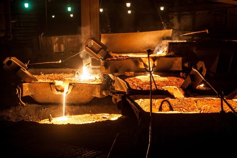 Liquid titanium slag being poured from arc furnace.