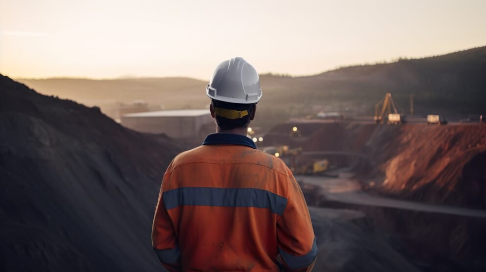 Mine worker open pit mine surveying.