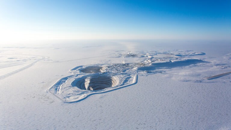 Aerial view of Rio Tinto's Diavik diamond mine, Canada. The solar power plant will be equipped with bi-facial panels which generate energy from direct sunlight and light that reflects off the snow that covers Diavik for most of the year.