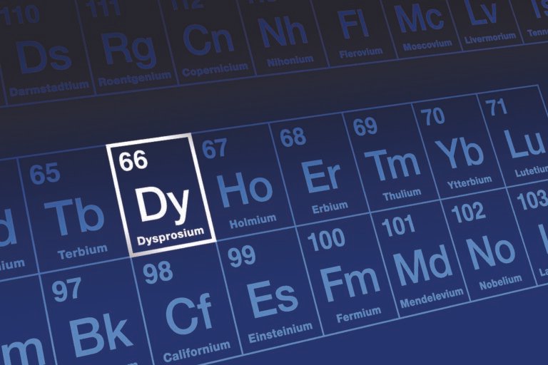 Rare earth element dysprosium highlighted on the periodic table.