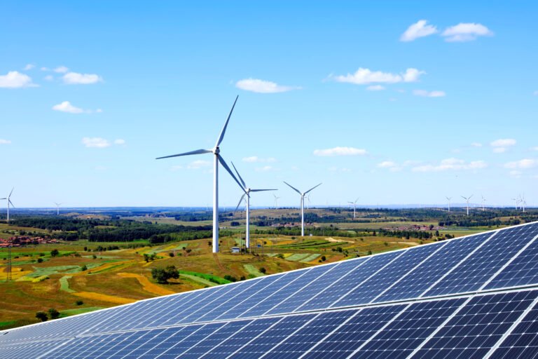 Solar panels and wind turbines.