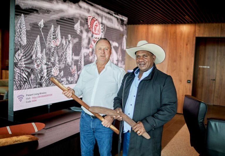 At the contract signing ceremony, Djeleanna owner Bevan Wally presented traditional timber gifts to MinRes managing director Chris Ellison, including boomerangs, a shield and a long stick.