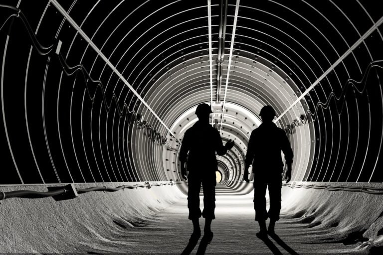 Silhouette of workers in mine.