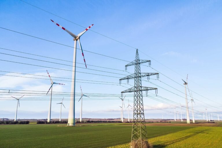 Power lines and wind turbines.