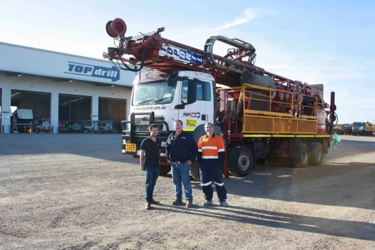 GeoMoby director Mathieu Paul, Topdrill founder Tim Topham and GeoMoby founder and chief executive Chris Baudia in Kalgoorlie, WA, and Topdrill’s operation.