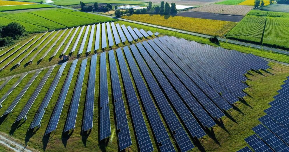 Aerial view of solar panels.