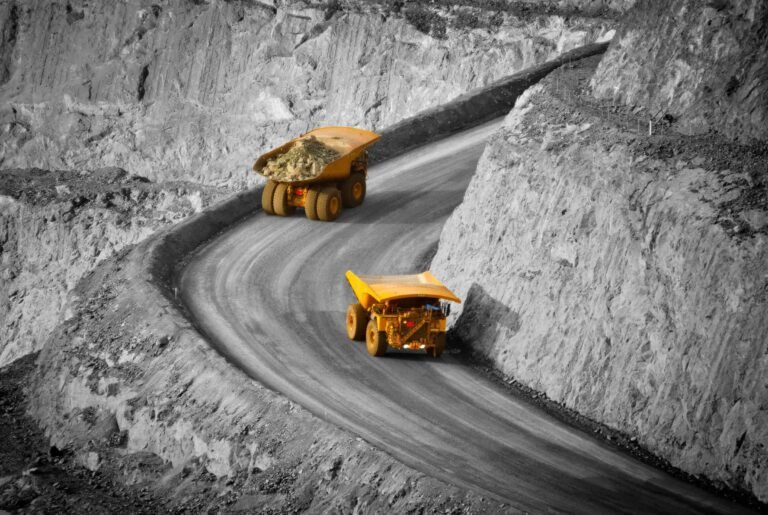Mining trucks transporting ore.