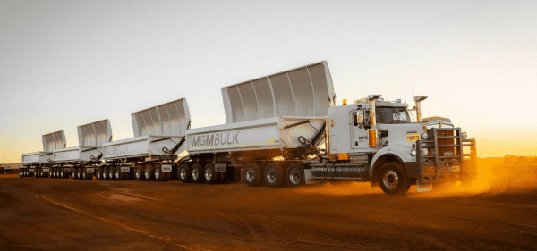 (Image source: Red Hawk Mining Limited) MGM Bulk’s 150t ultra-quad road train.