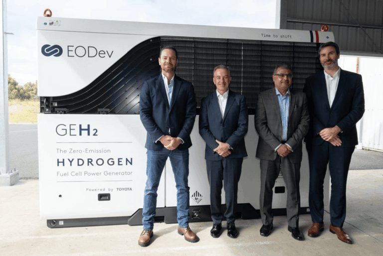 Toyota celebrated the completion of its first EODev GEH2® generator. (L-R) Blue Diamond Machinery director Justin Pitts, Toyota Australia president and chief executive Matthew Callachor, Thiess group executive for assets, autonomy and digital Ramesh Liyanage, EODev chief executive Jeremie Lagarrigue.