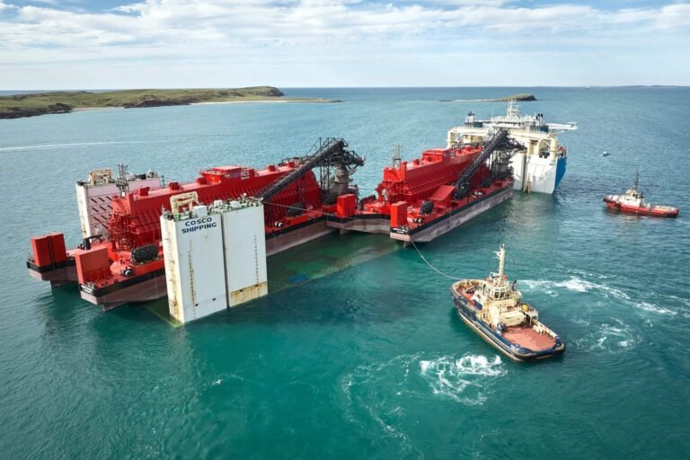 (Image source: MinRes) Iron transhippers in the Port of Dampier in the Pilbara.
