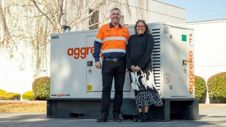 (Image source: Aggrekko) Aggreko AusPac managing director George Whyte and Cathy Freeman.