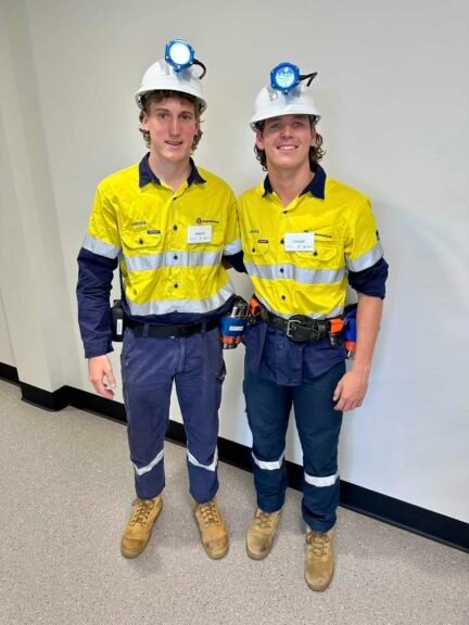 Moranbah State High School electrotechnology students Hayden Bell and Lincoln Nicholas preparing for an underground simulation tour at Resources Centre of Excellence in Mackay, QLD.