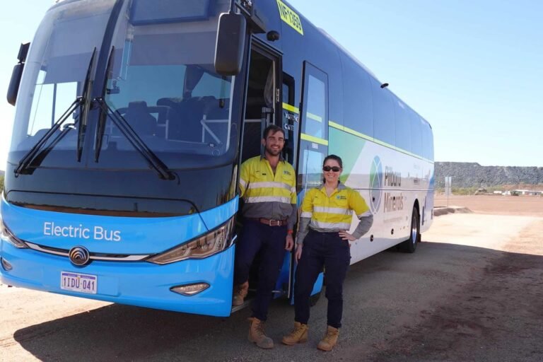 Lithium battery powered bus arrives at Pilbara Minerals’ lithium mine.