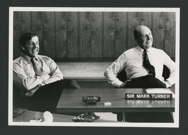 (Image source: Rio Tinto) CRA chairman and chief executive Roderick (Rod) Carnegie (later Sir Roderick) and RTZ chairman and chief executive Sir Mark Turner at a media conference in 1976.