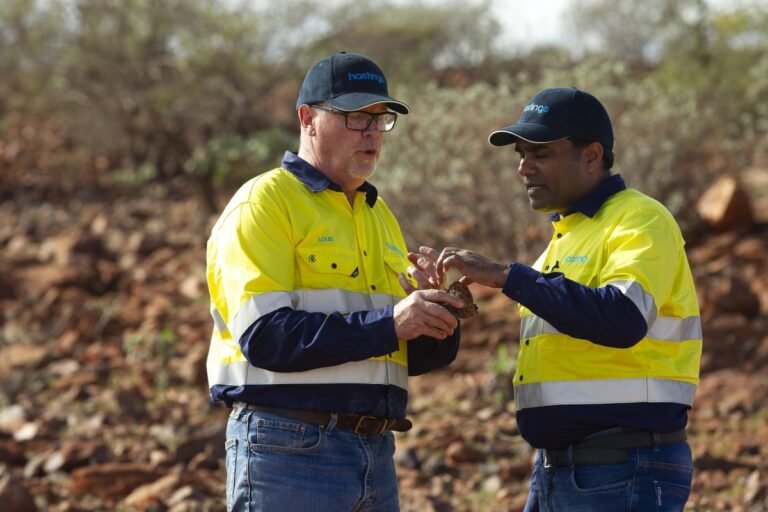 (Image source: Hastings Technology Metals) Hastings chief geologist Louis Schurmann (left) and principal mine planning engineer Ravi Reddy (right) at Yangibana.