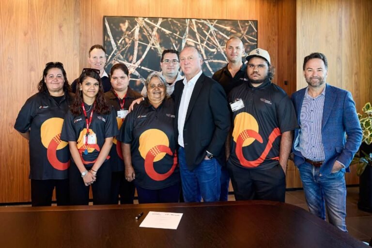 (Image source: Mineral Resources) Coolingah owner and operator Kariyarra Elder Patricia Mason, MinRes managing director Chris Ellison and Coolingah and MinRes representatives.
