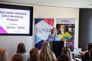 (Image source: Queensland Resources Council) QRC chief executive Janette Hewson speaking at the GIRLS mentoring finale.