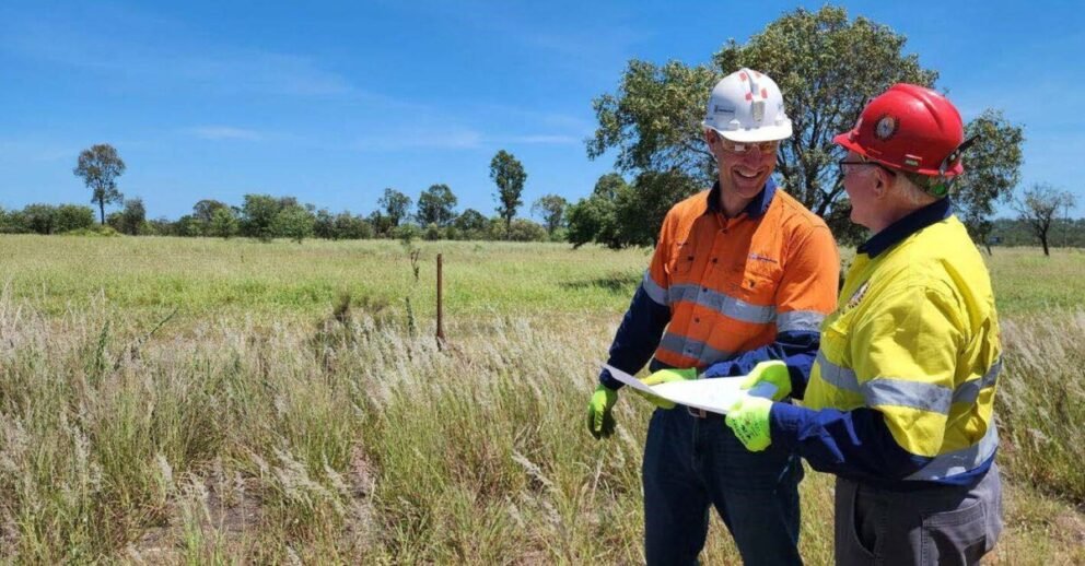 (Image source: Anglo American) Anglo American project manager Malcolm Smyth and Queensland Mines Rescue Service chief executive Tim Jackson on the Moranbah South lease site.