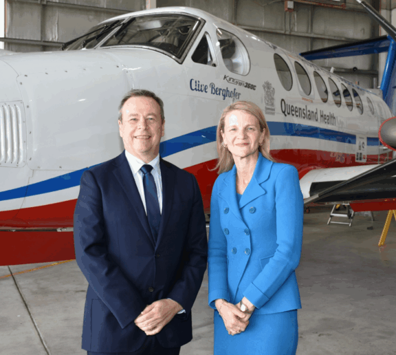 (Image source: Rio Tinto) Rio Tinto's Armando Torres and RFDS (Queensland Section) chief executive Meredith Staib at today's announcement.